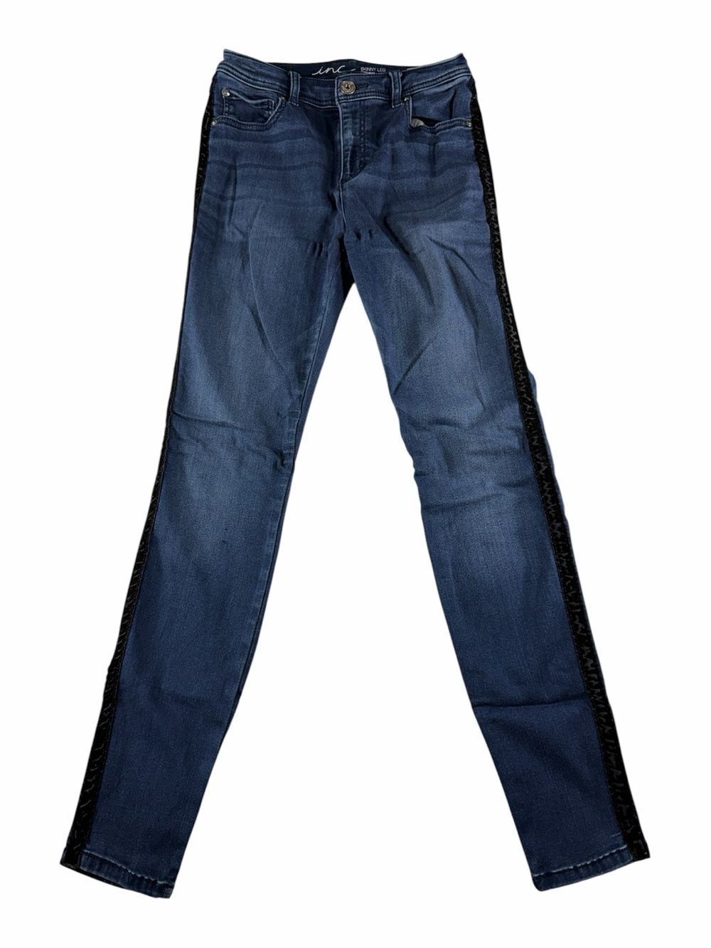 INC International Concepts Dark Blue Skinny Jeans with Black Side Stripe